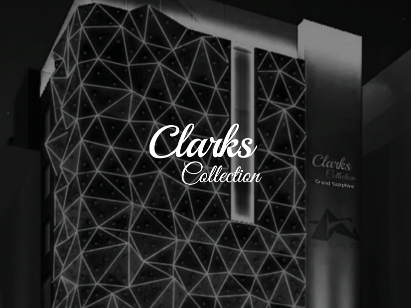 Facade of Clarks Collection in monochrome with the text 'Clarks Collection' written in italics