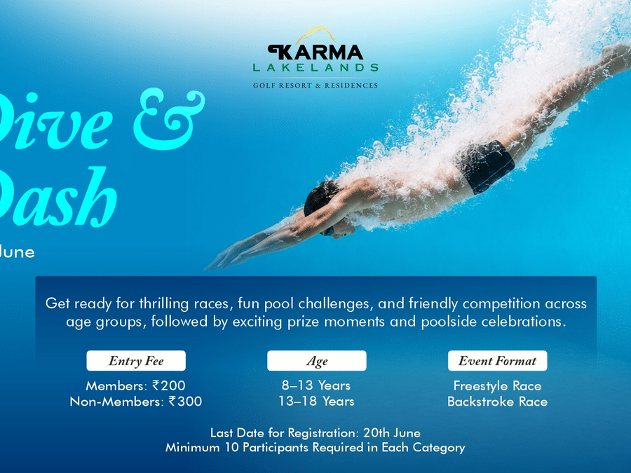 A promotional poster featuring a swimmer gliding underwater in a swimming pool, advertising Dive & Dash, a 25m freestyle swimming challenge at Karma Lakelands with poolside dining, beverages, and exciting prizes.
