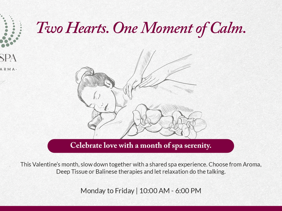 A minimal spa-themed promotional banner with Two Hearts, One Moment of Calm text and elegant line art of a woman in a serene setting at Karma Lakelands.