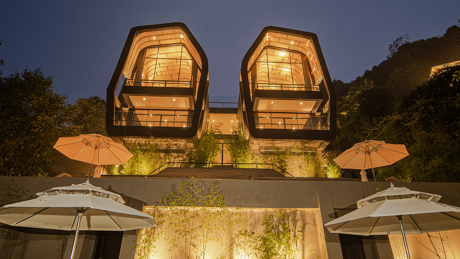 Front view of a well-lit, elegant facade  | Kavya Resort and Spa, Nagarkot