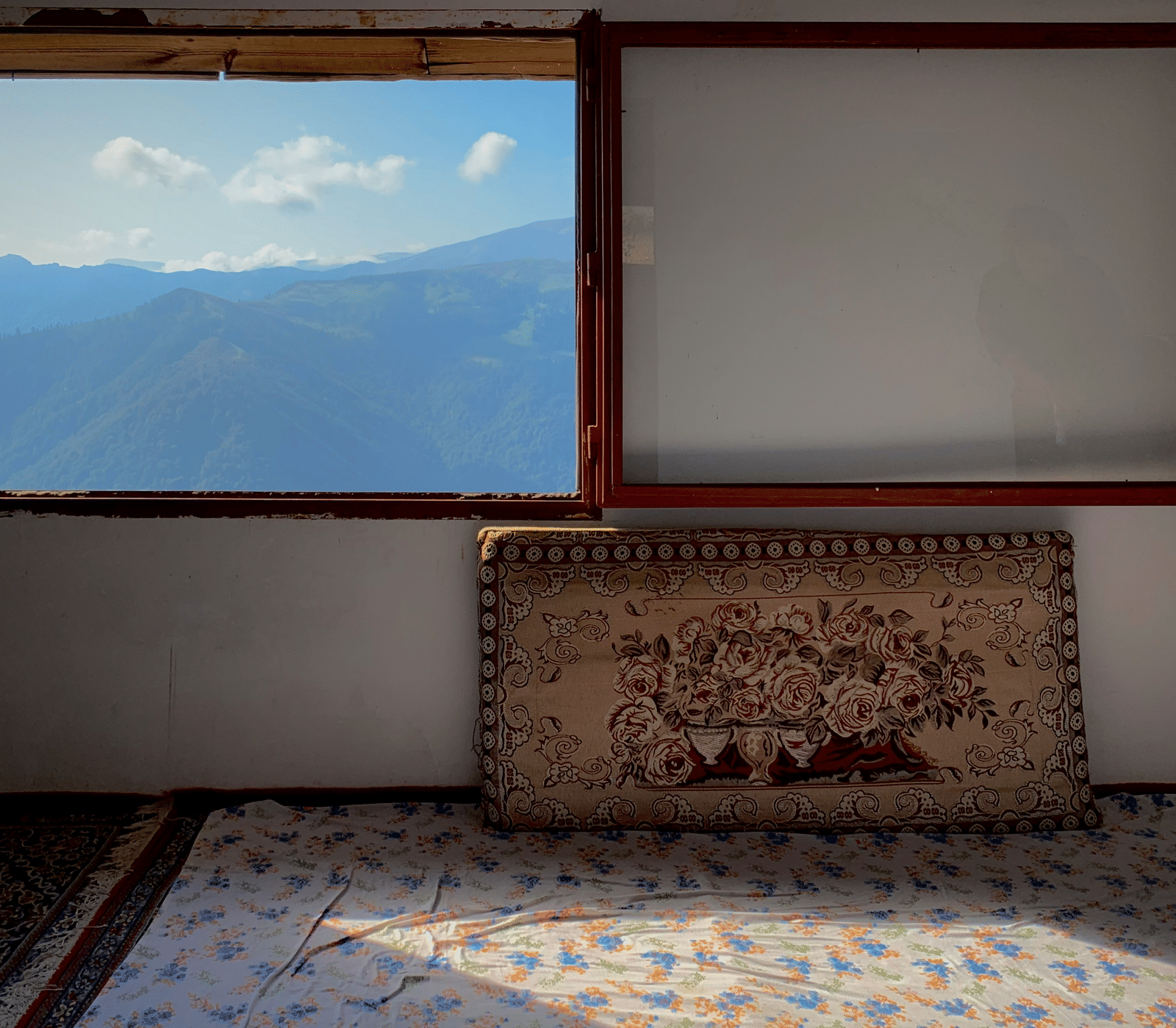 An interior wall with a view of green mountains and blue sky through an open window pane, next to a blank window and a rug below.