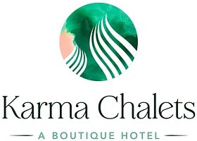 A logo that reads Karma Chalets a boutique hotel with a green wave icon, set against a light background.