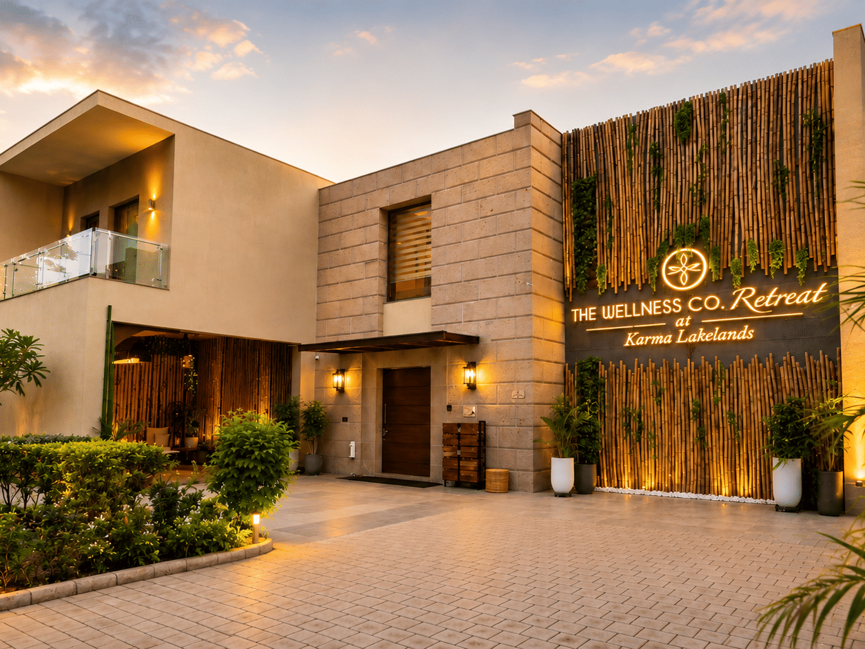 Illuminated facade with plants in the lawn and sky in the backdrop. | Karma Lakelands