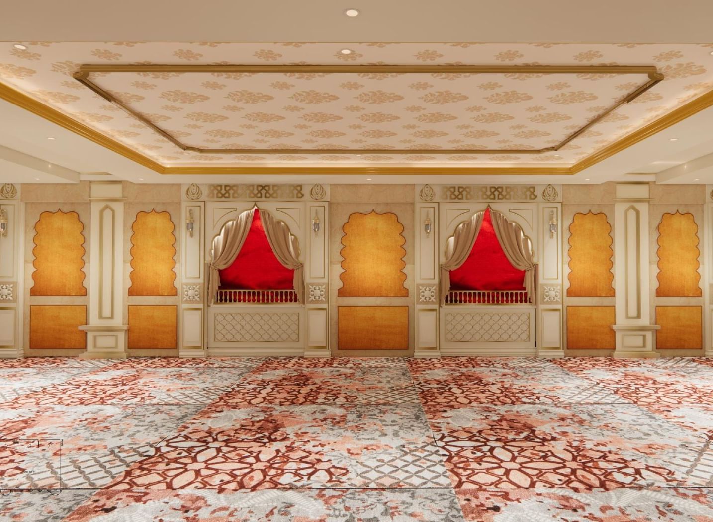 Elegant event space with floral ceilings, majestic pillars, soft lighting, and walls echoing traditional Indian architecture