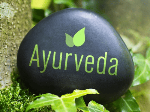 A stone placed on grassy surface with the text Ayurveda written on it