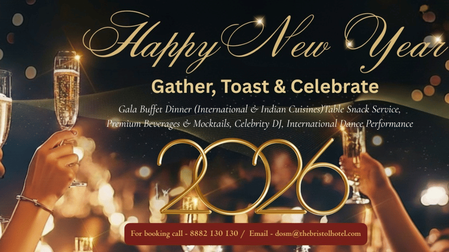 A festive banner for The Bristol Hotel's Happy New Year 2026 celebration featuring champagne glasses, a Gala Buffet, DJ, and dance performance.