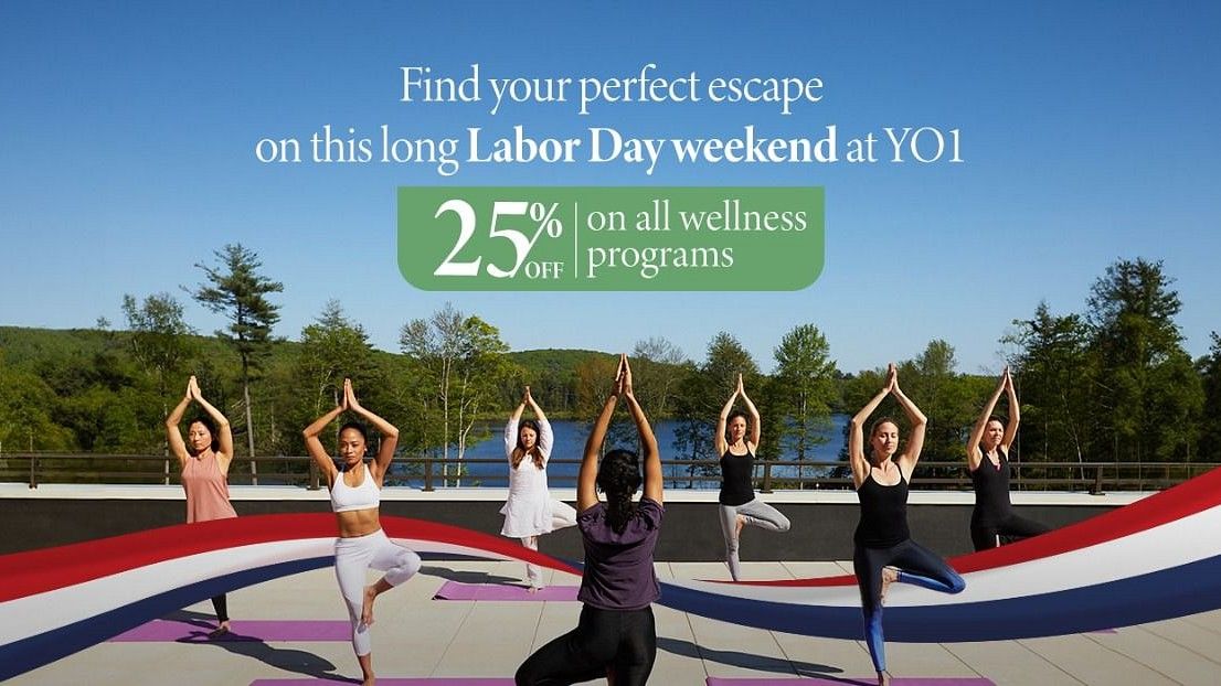 Labor Day banner for YO1 Longevity & Health Resorts, Catskills featuring  a group of women practising yoga outdoor surrounded by greenery