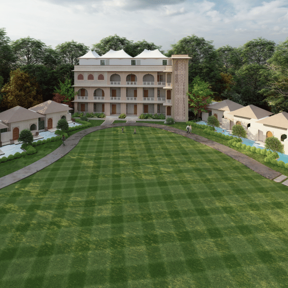 A wide elevated view of a large rectangular lawn with patterned grass, leading to a central building with symmetrical rows of cottages on both sides, surrounded by dense trees, shown as an architectural visualisation at Ananta Elite Bharatpur.