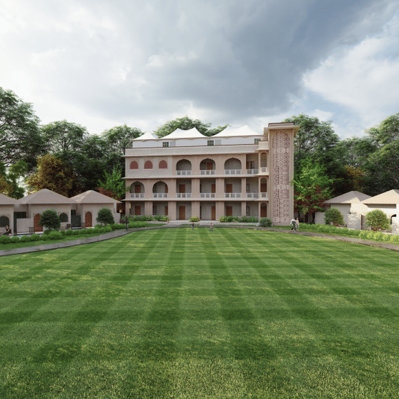 A distant view of a central multi storey building, framed by rows of cottages on either side, with an expansive lawn in the foreground and trees in the background, shown as an architectural visualisation at Ananta Elite Bharatpur.