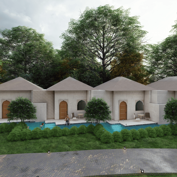 A row of single storey cottages with arched doorways, set along a landscaped pathway with greenery and a person walking in the foreground, shown as an architectural visualisation at Ananta Elite Bharatpur.
