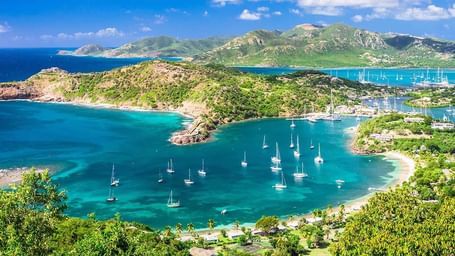 An aerial panoramic view of a beautiful bay with turquoise water, filled with numerous white sailboats, surrounded by lush green hills and a coastline with sandy beaches.