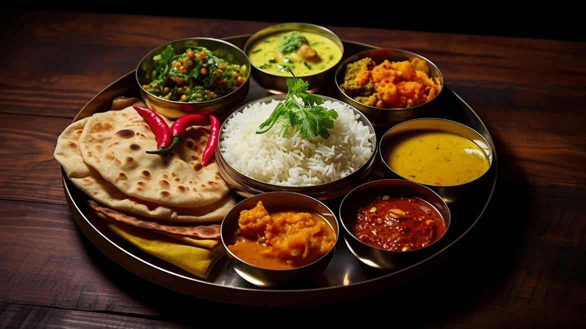 A traditional Indian thali served on a round metal platter, featuring white rice, chapati, and a variety of colorful side dishes including lentils, curries, vegetables, pickles, and garnished with red chilies and coriander.