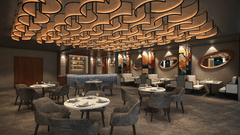 Skywings Sarovar Portico Mathura restaurant 3D render with dramatic hexagonal wooden ceiling lights, round dining tables, and dark elegant interiors.