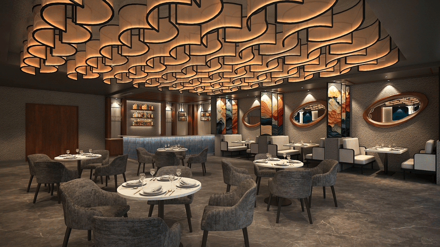 Skywings Sarovar Portico Mathura restaurant 3D render with dramatic hexagonal wooden ceiling lights, round dining tables, and dark elegant interiors.