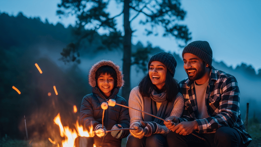 Kids exploring nature trails in winter at Sajan