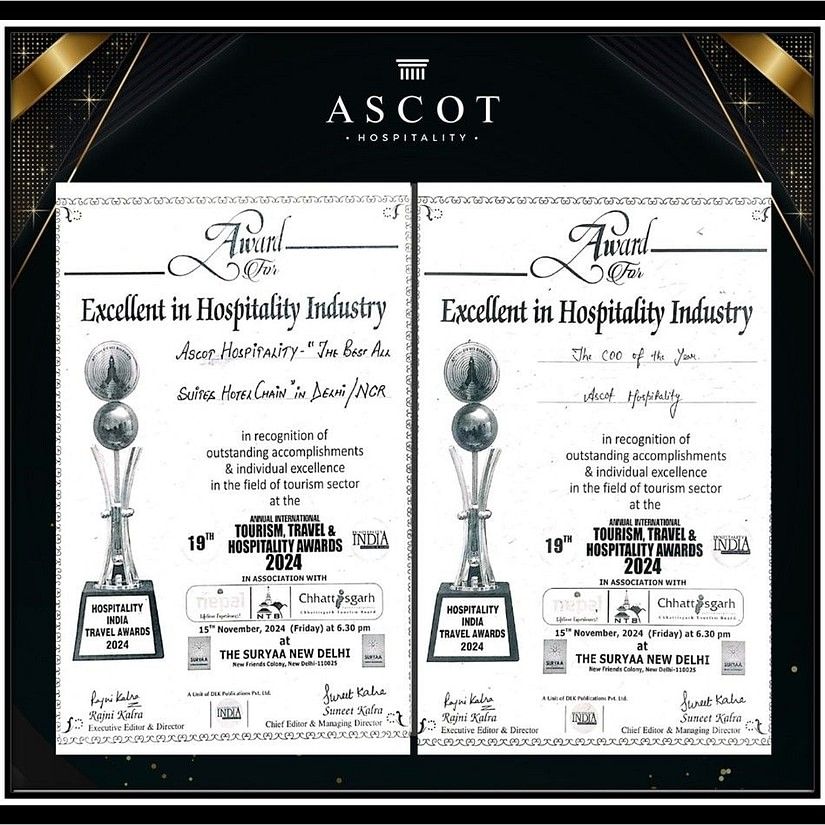 Ascot Hospitality wins awards for Best All Suites Hotel Chain in Delhi/NCR and COO of the Year at the 2024 Hospitality India Travel Awards. 