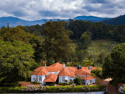 An aerial view of the hotel with trees surrounding it and a tea plantation in the background - Wallwood Garden - 19th Century, Coonoor