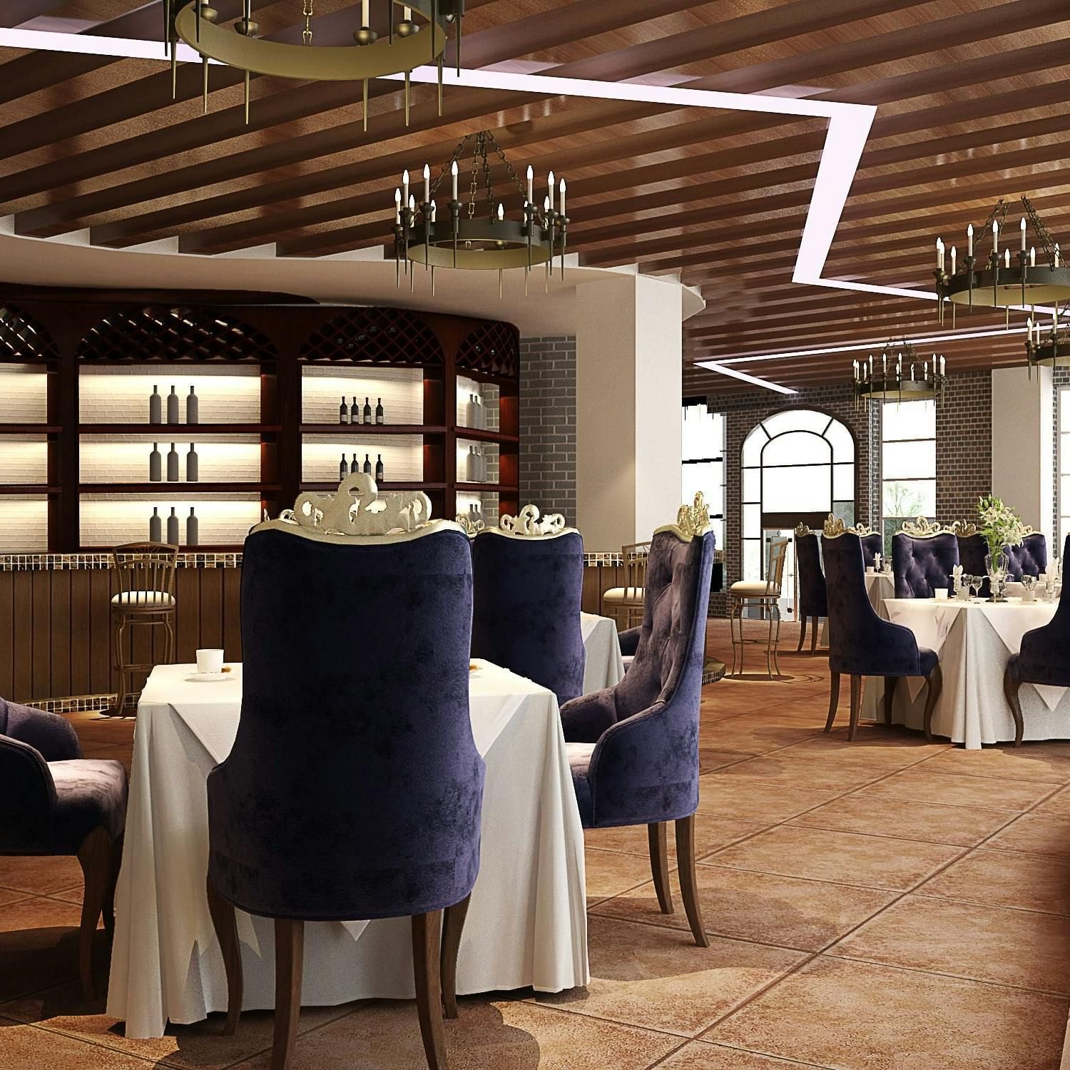 Spacious dining hall with wooden beams, neatly set tables, and an inviting warm ambience