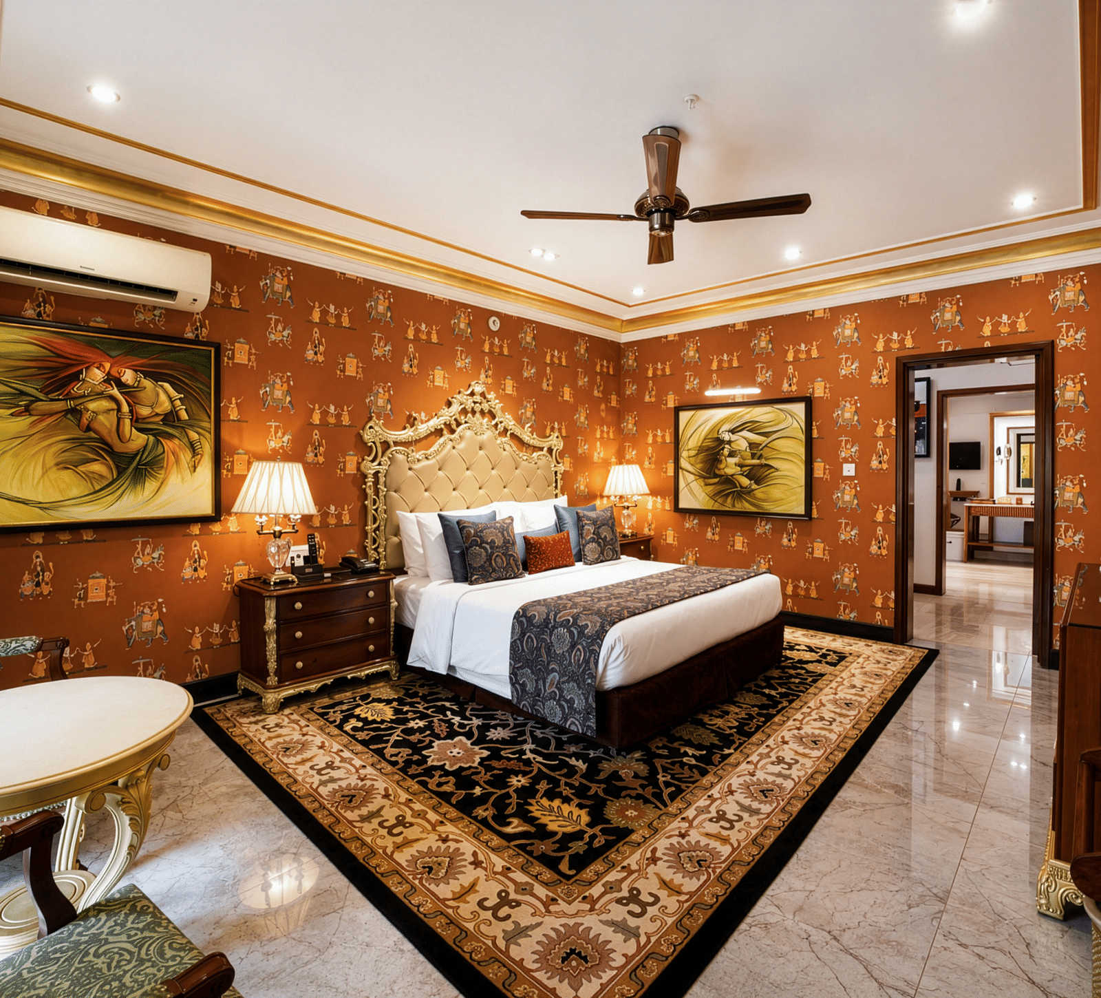 Royal Villa bedroom at Mayfair Lagoon Bhubaneswar featuring a canopied king bed, traditional wall art, chandelier, and a marble-accented seating area