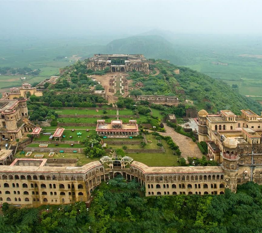 A drone shot of Tijara Fort Palace