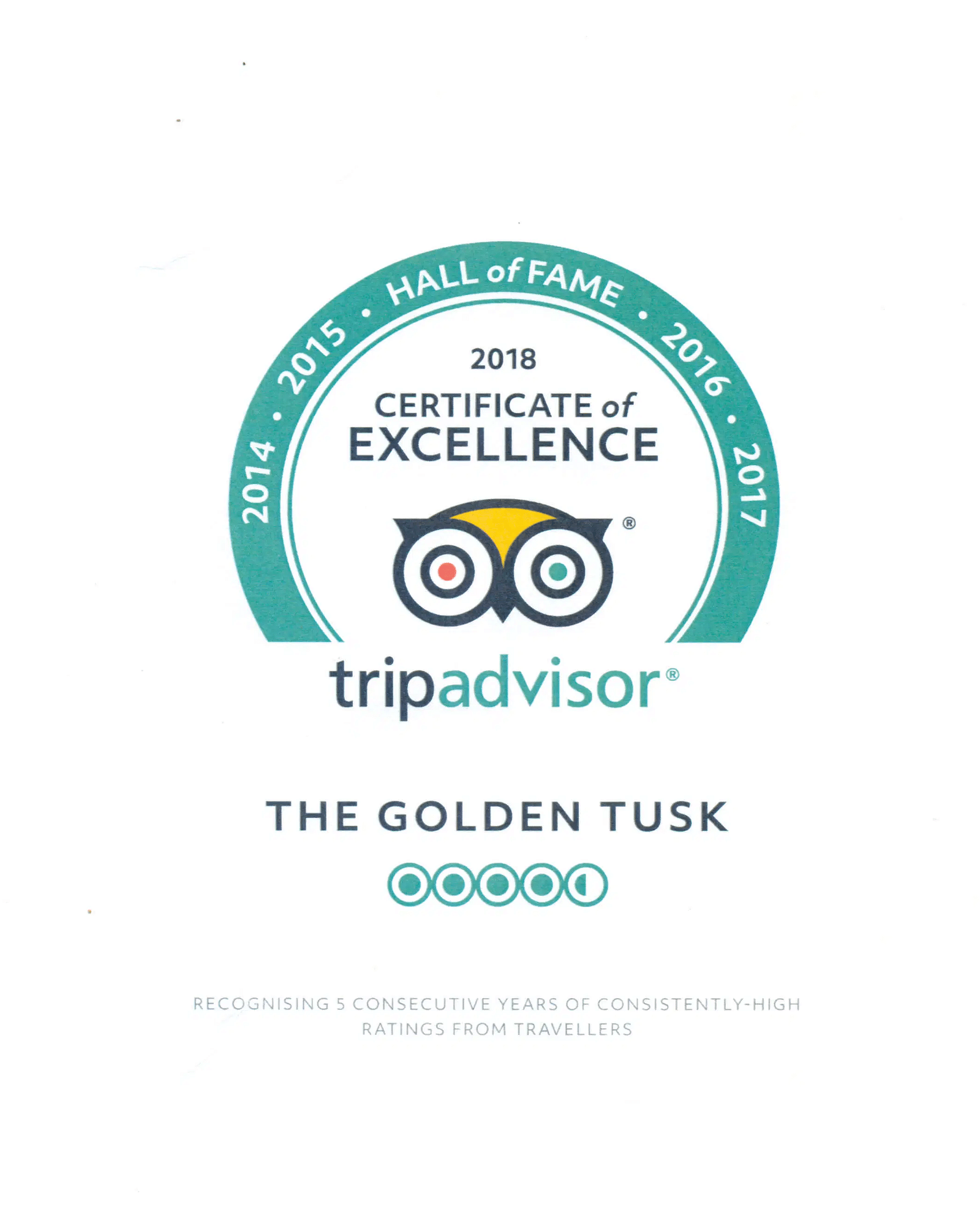 Certificate of excellence awarded by TripAdvisior for the year 2018  for the Golden Tusk Resort.