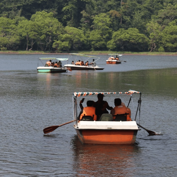 A row boat carrying people navigates a Pookode Lake, Wayanad, surrounded by trees.
