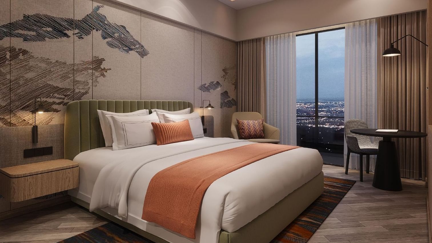 Image of room with bed and lamp besides the bed.