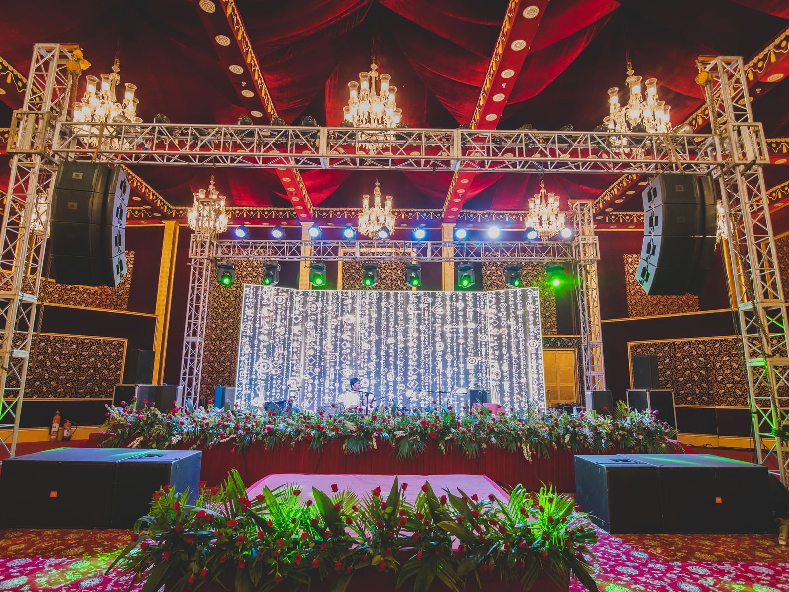 A stage at Swarn Mahal decorated with fancy lights at Rajasthali Resort & Spa Jaipur.