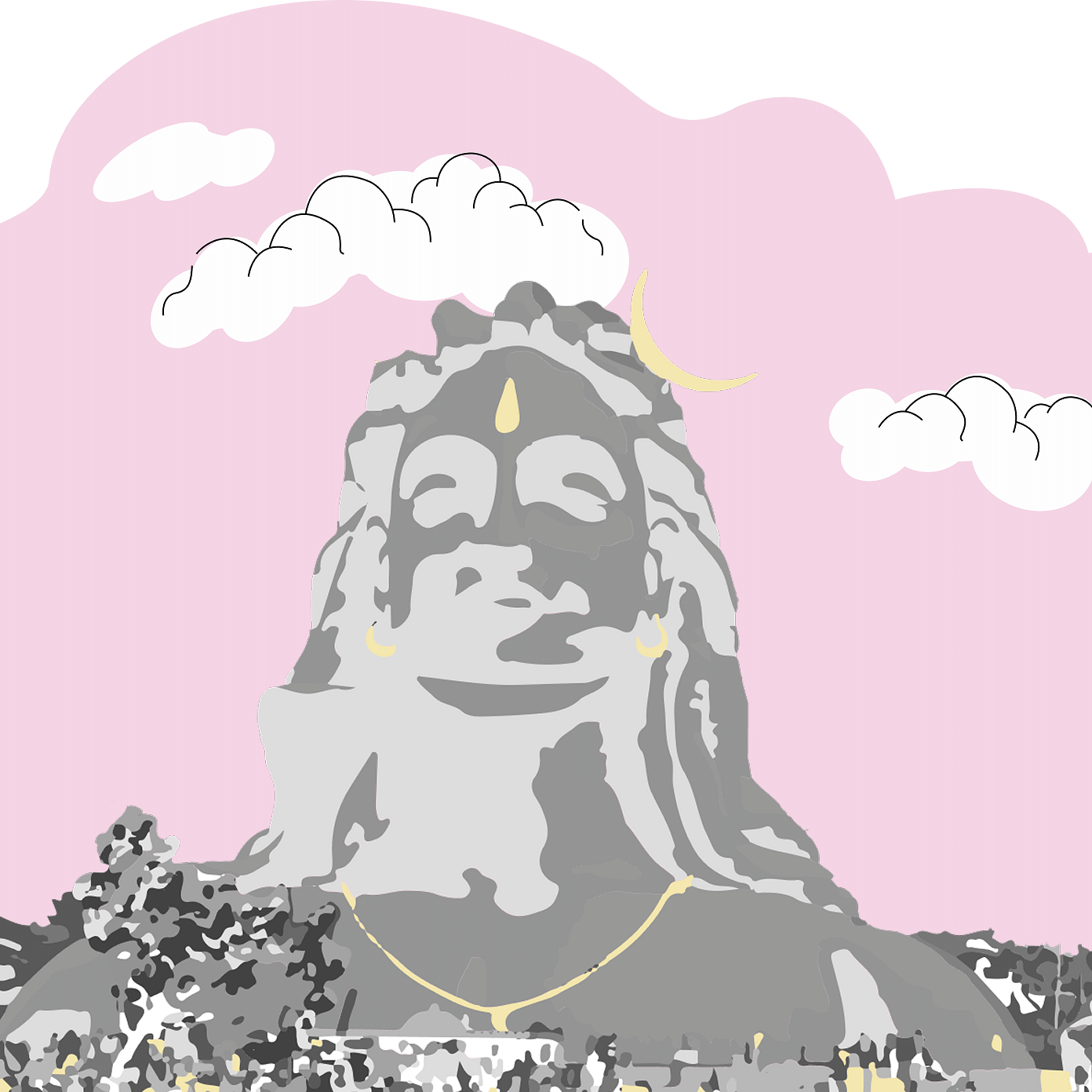 An artistic sketch of a large statue of Adiyogi against a pink, cloudy sky.