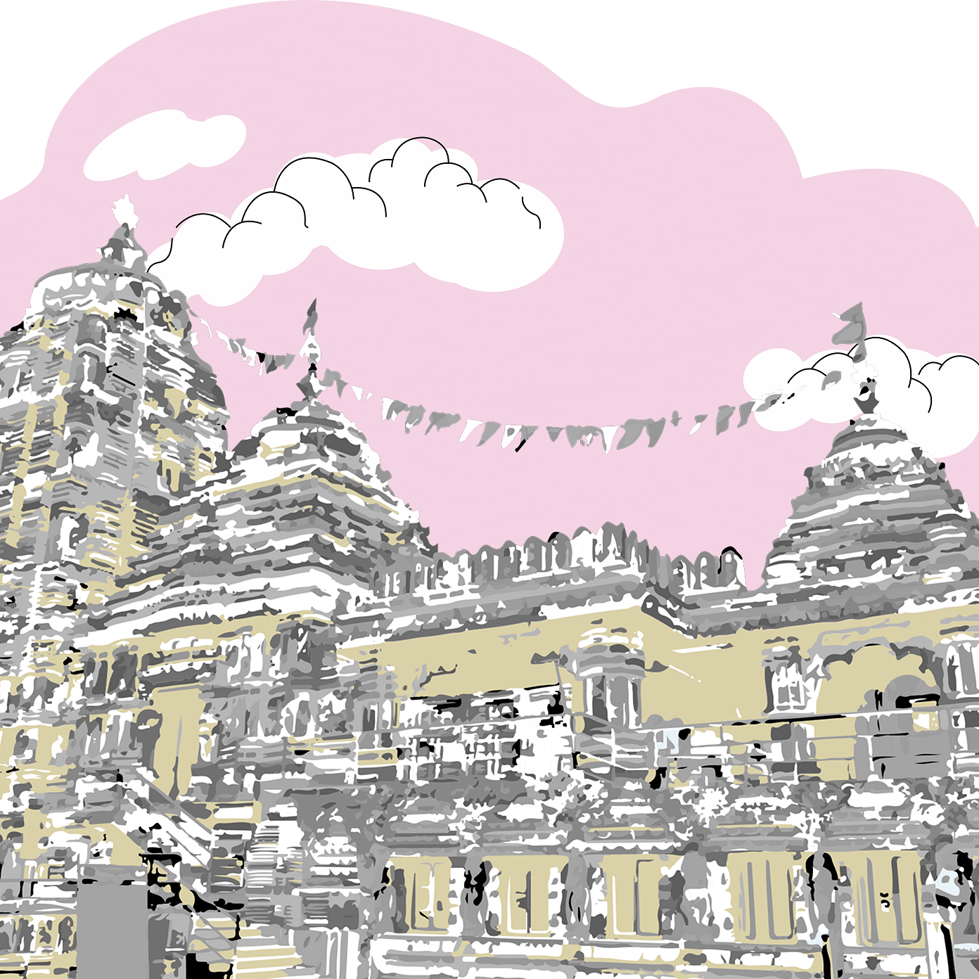 A pink-and-white sketch of a temple, outlining its intricate architecture with colourful flags.