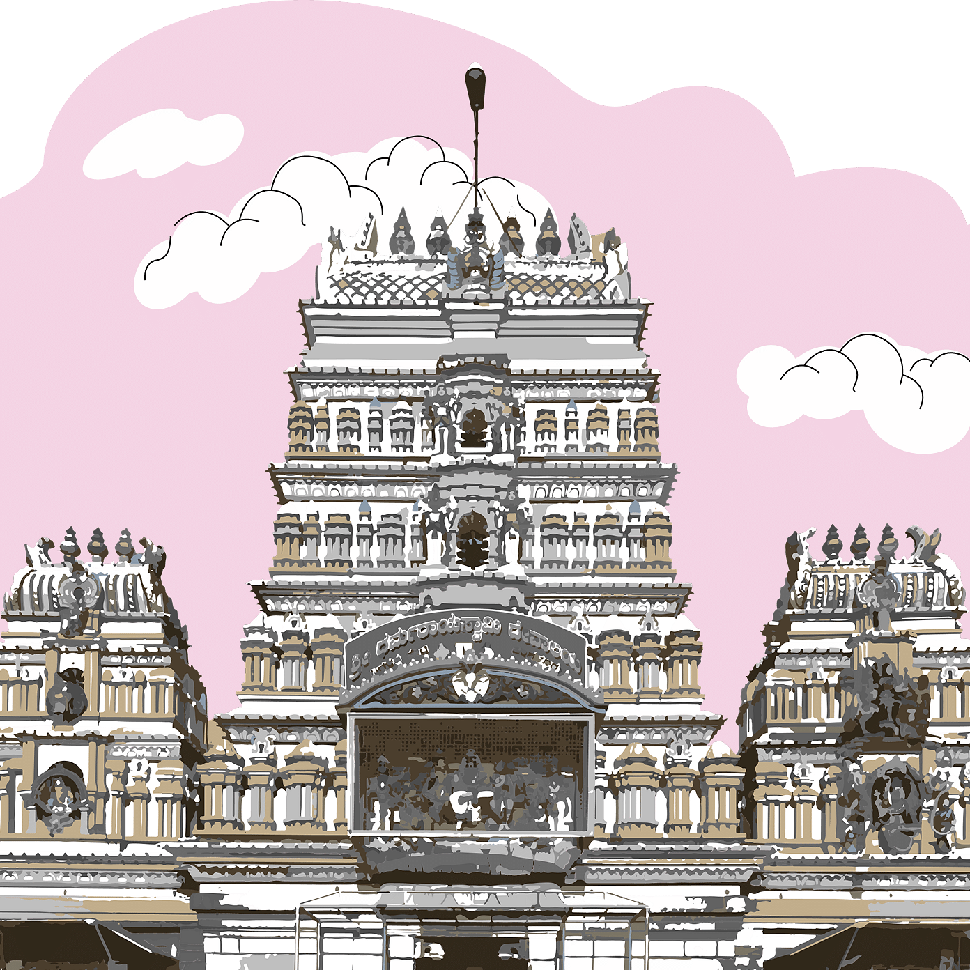 A white temple with an ornate gopuram and a pink, abstract sky.