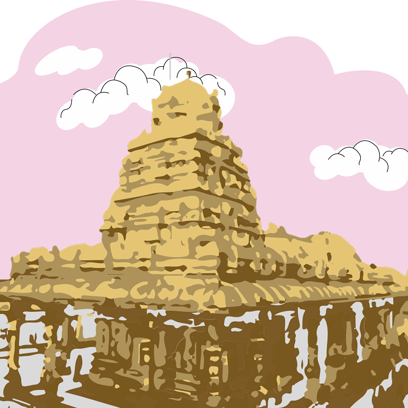A golden temple pavilion surrounded by water, with a reflection under a pink, cloudy sky.