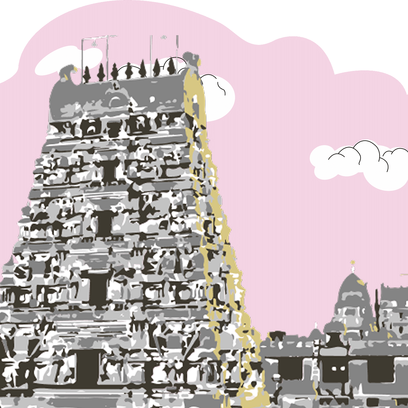 An artistic sketch of a temple's towering gopuram against a pink and white sky.