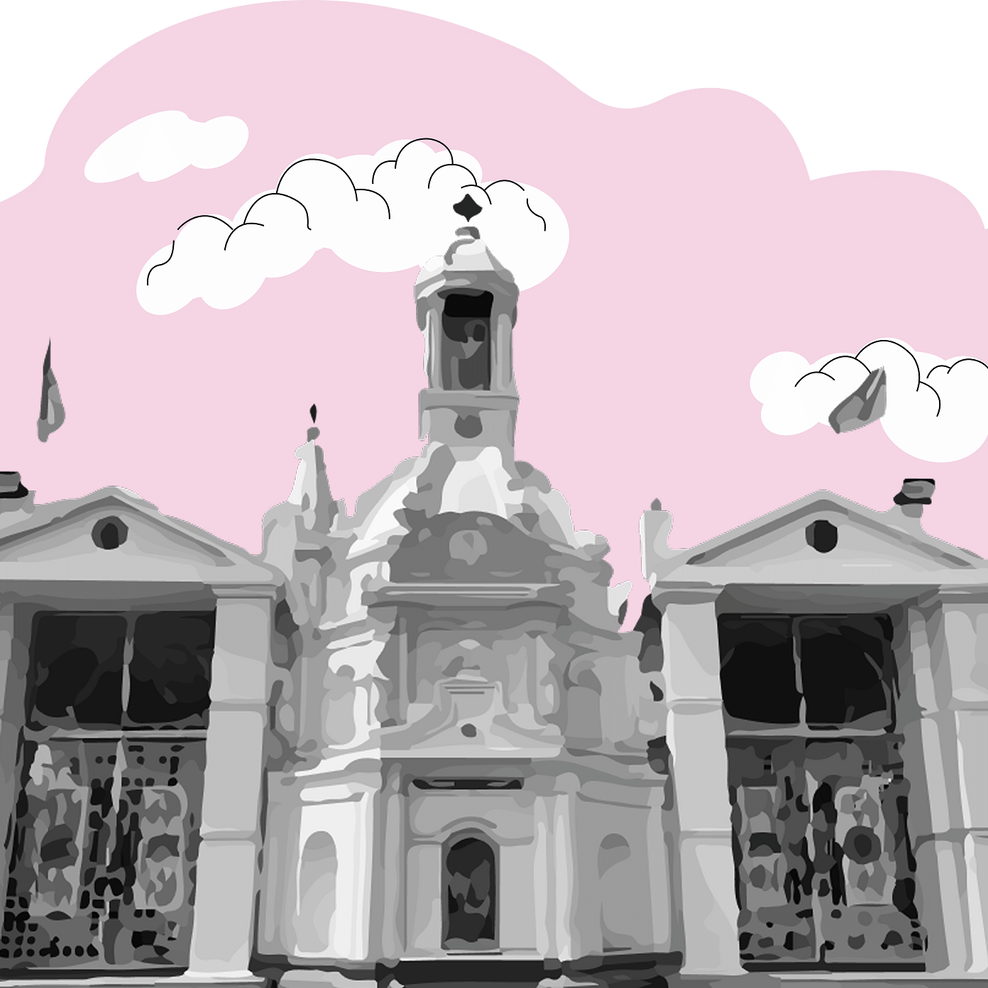 A black and white temple sketch with a pink, abstract sky and clouds.