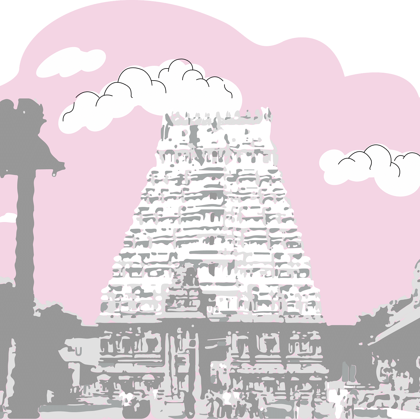 Illustration of a South Indian temple with a grand gopuram, set against a pink sky with clouds and traditional structures.