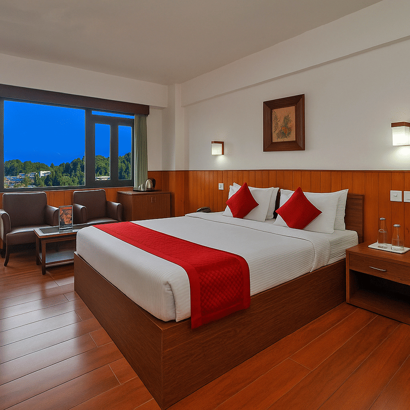 The Super Deluxe Room with a double bed, 2 side tables, overhead lamps, wooden flooring, and a seating area near the glass window.