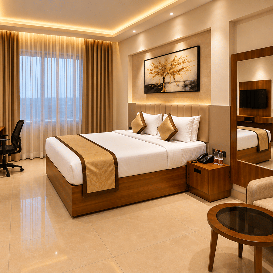 Modern guest bedroom with double bed, desk area, and armchair at Bhavani's Vista By Icon, Hosur.   