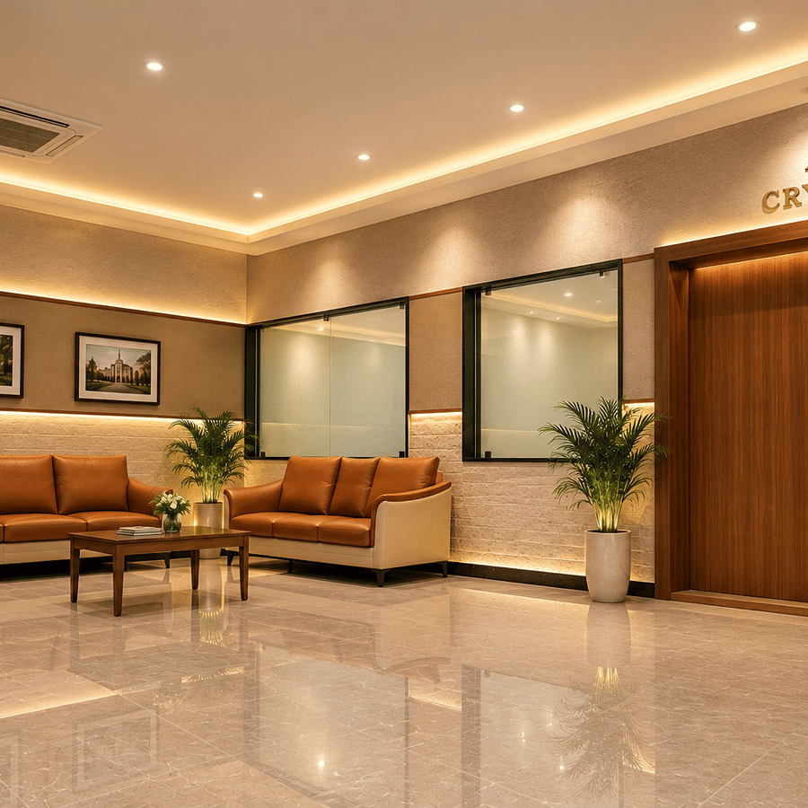 Lounge waiting area with comfortable sofas and polished flooring near function hall entrance at Bhavani's Vista By Icon, Hosur.   