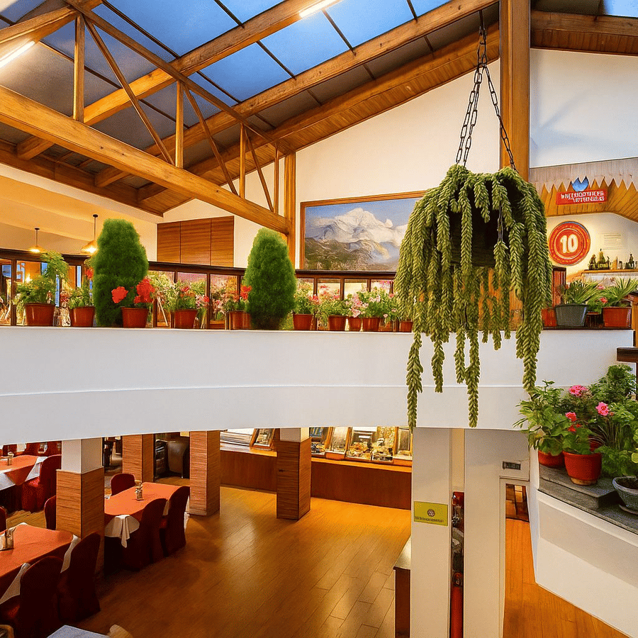 Dining space at Central Heritage Resort and Spa featuring two storeys: the ground floor is an Orchid Restaurant and the floor above is a Sunset Bar and Lounge