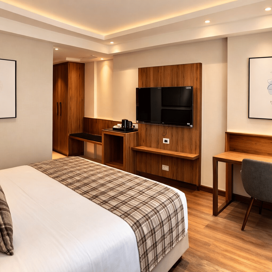 Bedroom at Pride Premier Darjeeling featuring a bed, a flat TV screen mounted on the wall, work desk and chair, and tea and coffee maker.