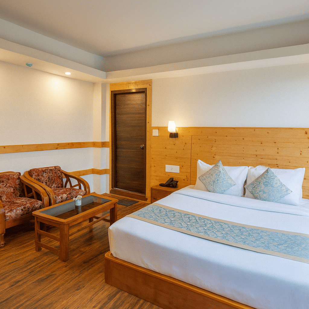 Deluxe hotel room in Gangtok with wooden interiors