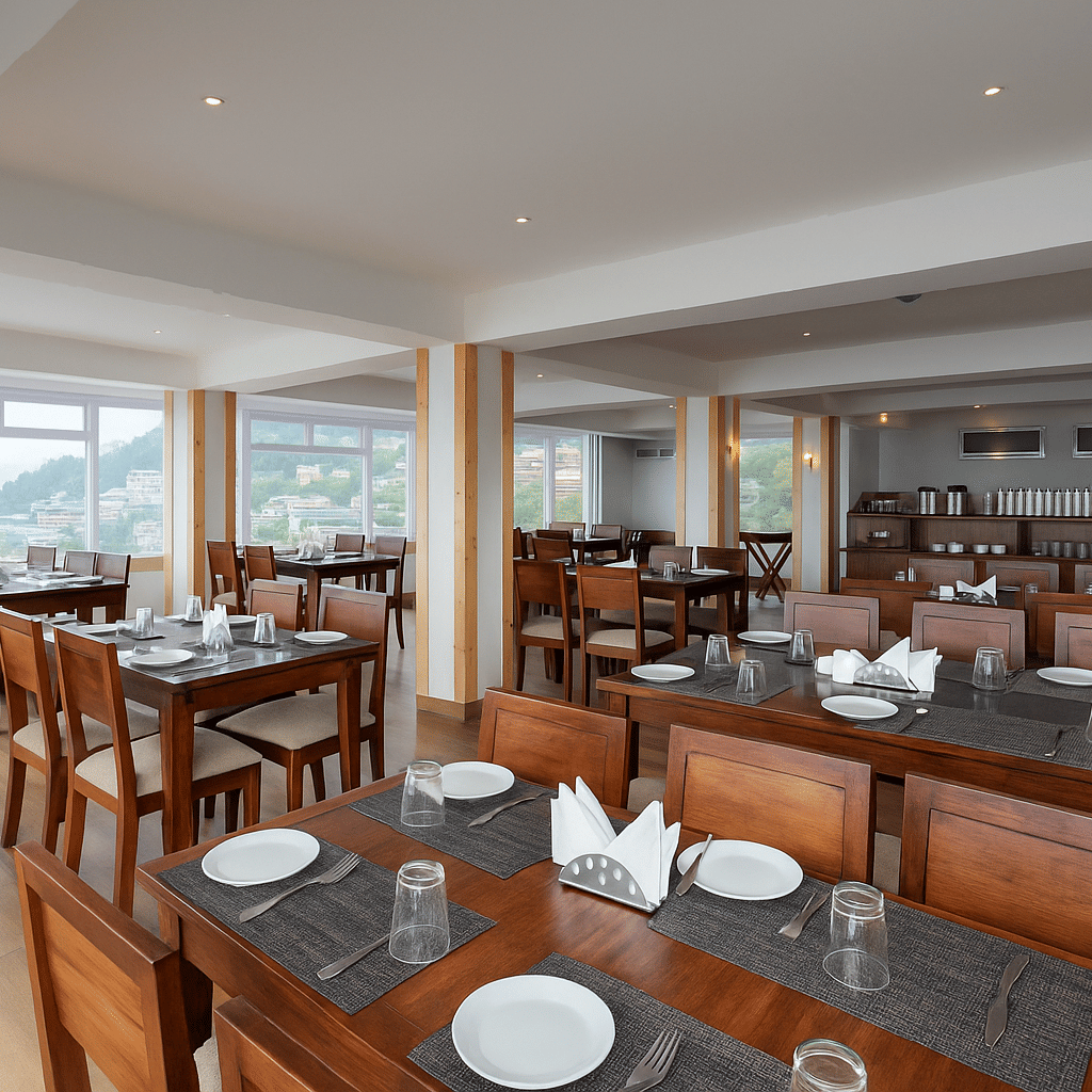 Spacious hotel restaurant in Gangtok with wooden interiors, neatly arranged dining tables, and large windows offering a fresh morning city and mountain view
