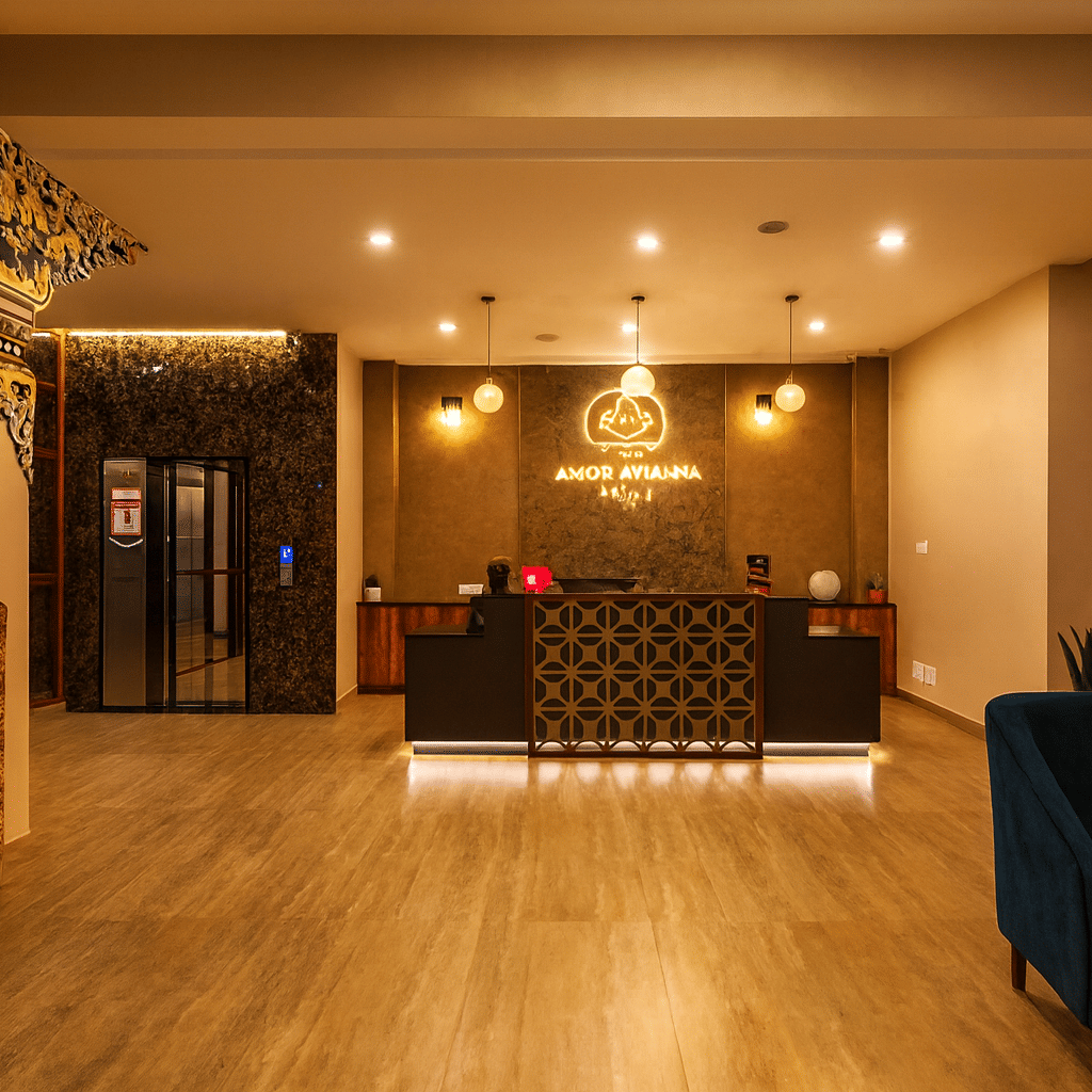 Spacious luxury resort lobby in Gangtok with modern reception desk, premium lighting, elegant seating area, and welcoming ambience at Avianna Hotel