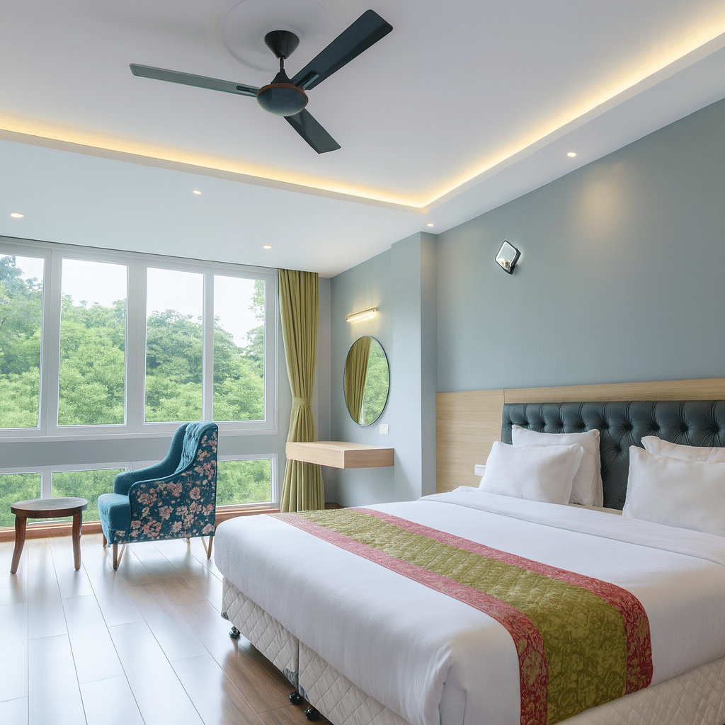 Executive hotel room with king-size bed, modern interiors, large windows opening to a lush forest view, and bright natural morning lighting for a premium 3-star experience