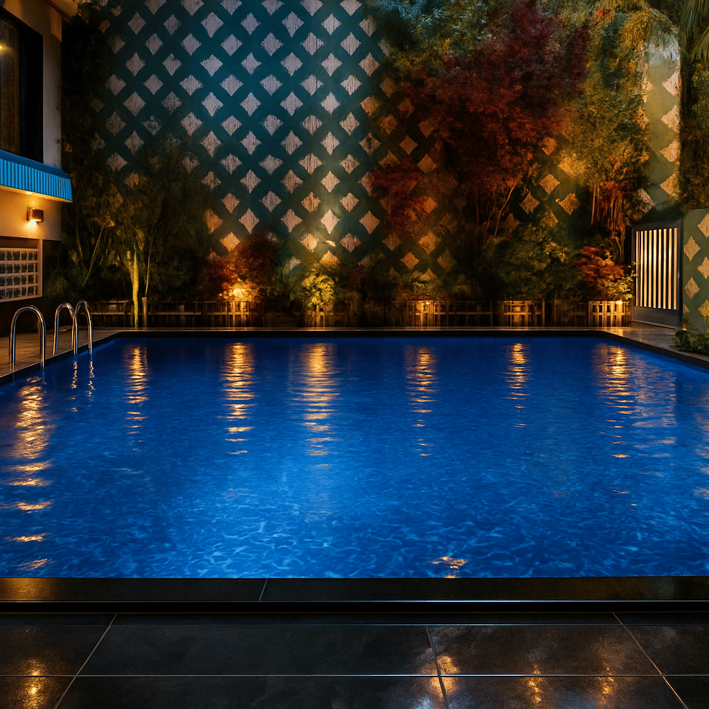 Luxury resort swimming pool in Gangtok with crystal clear blue water, elegant evening lighting, modern design, and lush greenery creating a premium resort ambience
