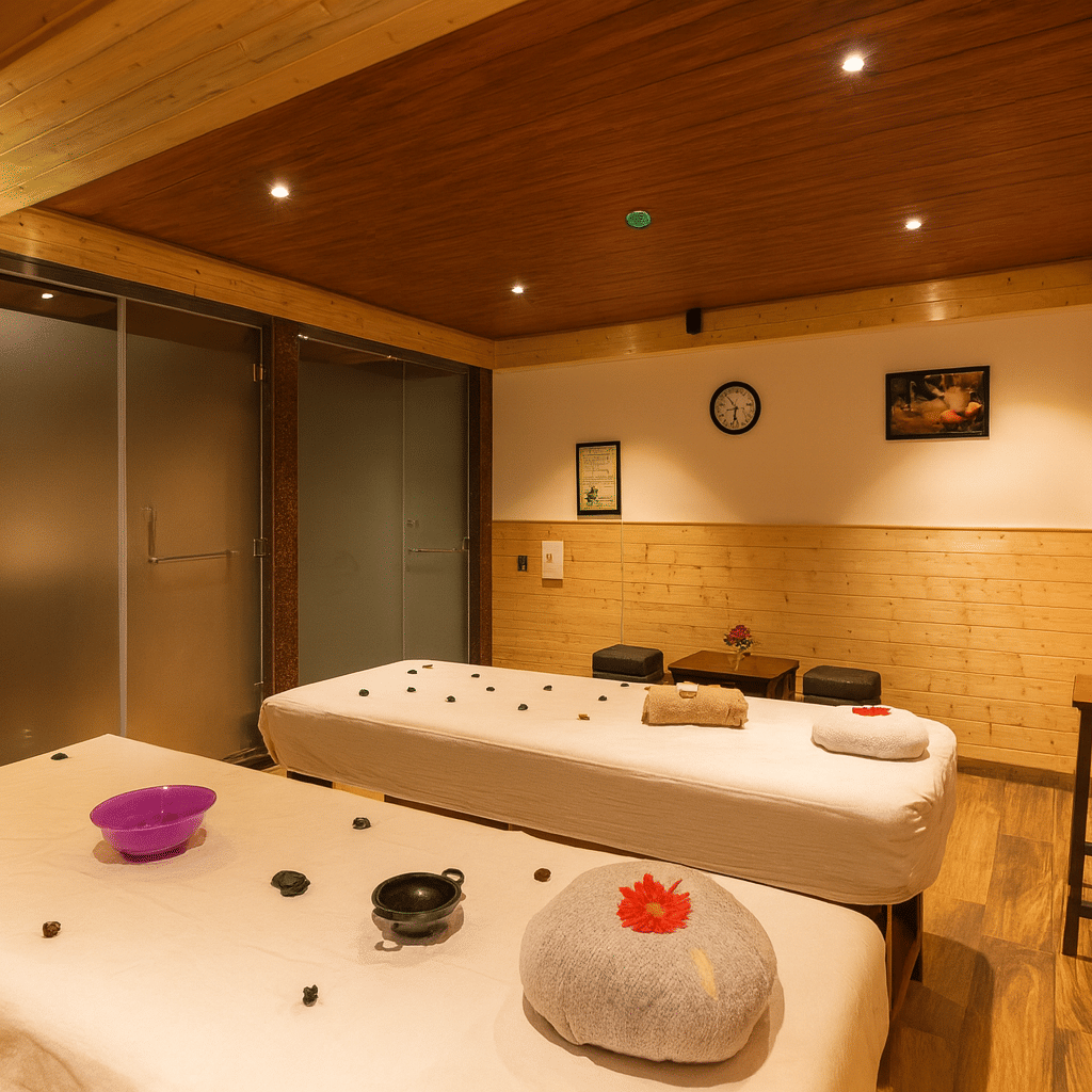 Luxury spa massage room in a Gangtok hotel with wooden interiors, warm premium lighting, and two therapy beds designed for relaxation and wellness
