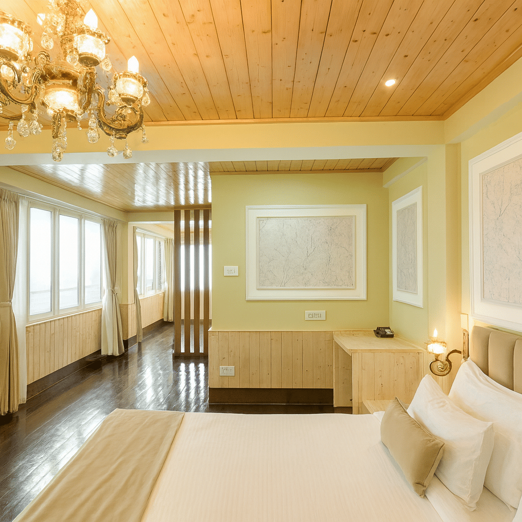 Luxury suite hotel room with chandelier, elegant wooden ceiling, large windows bringing in natural morning light, and premium 3-star interiors with forest view ambiance