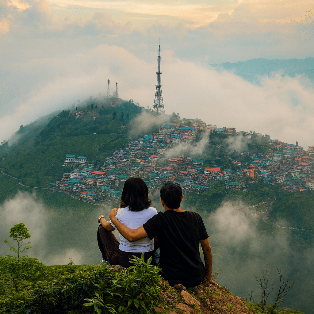 A couple sitting on a hilltop overlooking the misty mountains and colorful cityscape of Kurseong, with clouds floating over the valley, creating a premium and aesthetic morning vibe.
