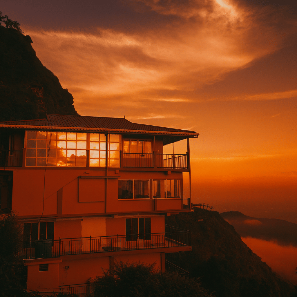 Sunrise view of a hotel in Kurseong perched on a mountain cliff, with golden sky, misty valleys, and Himalayan hills in the background — perfect stay in Kurseonghills
