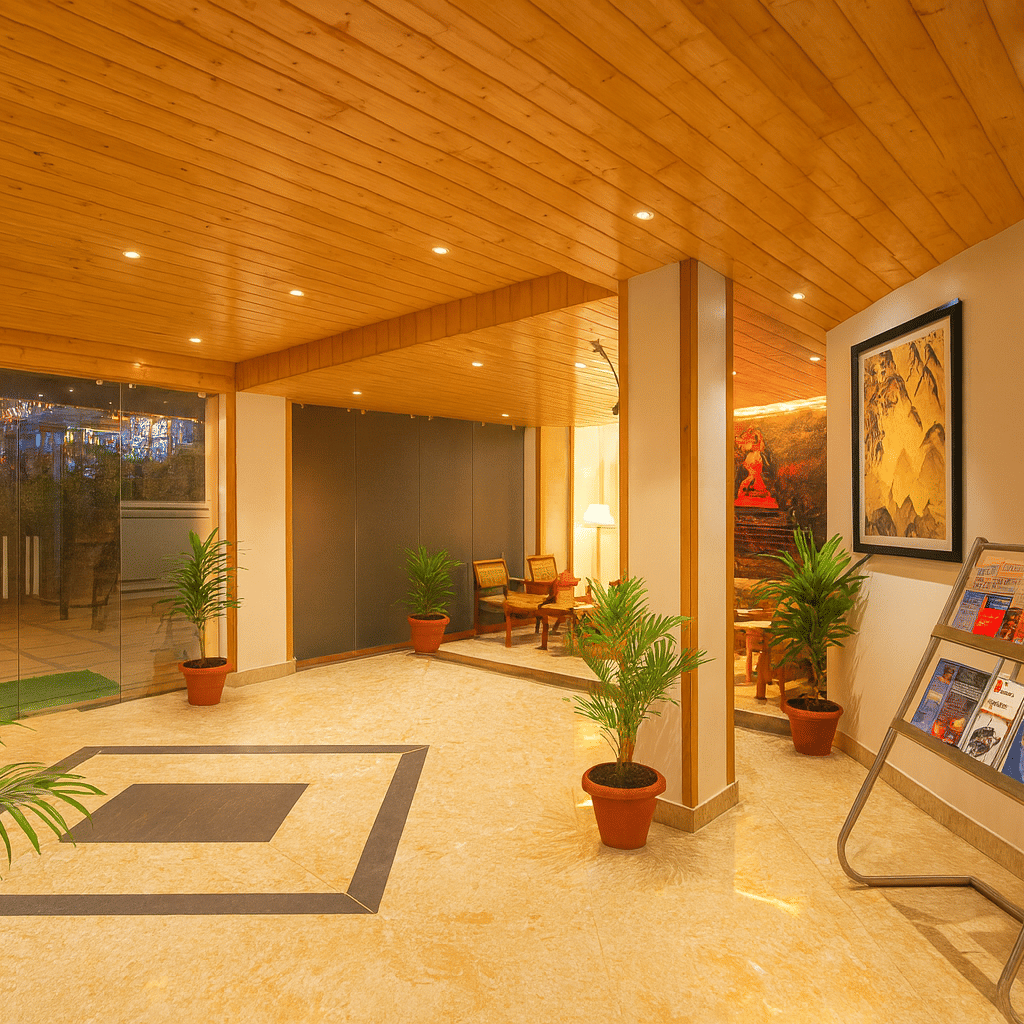 Spacious 3-star hotel lobby in Gangtok with wooden ceiling, marble flooring, indoor plants, and premium warm lighting creating a welcoming ambience